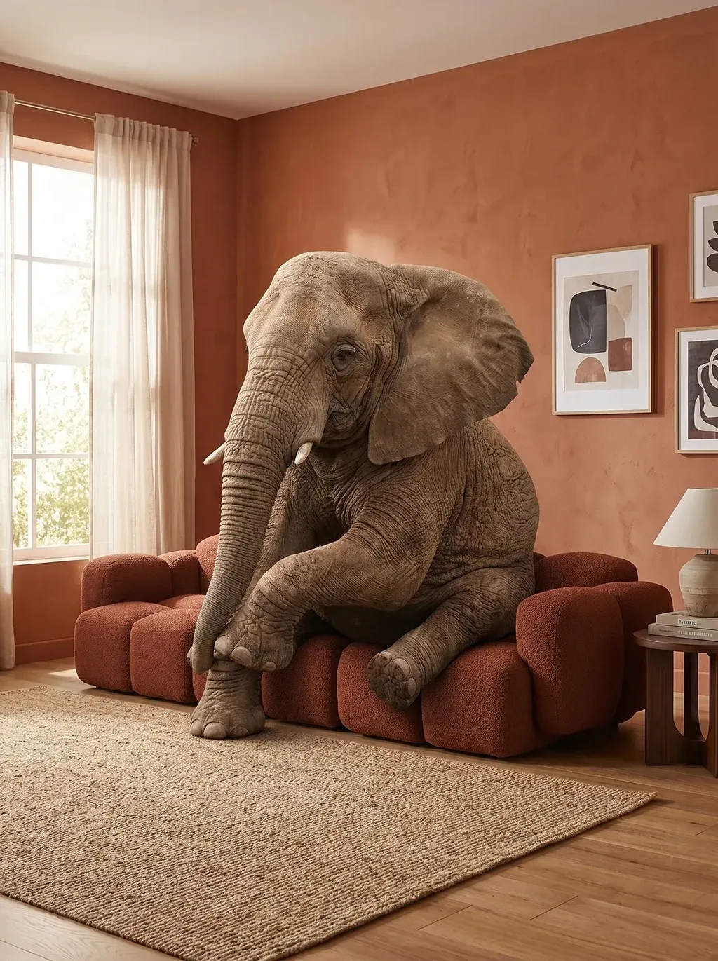 A large African elephant sits comfortably on the INSERT SOFA