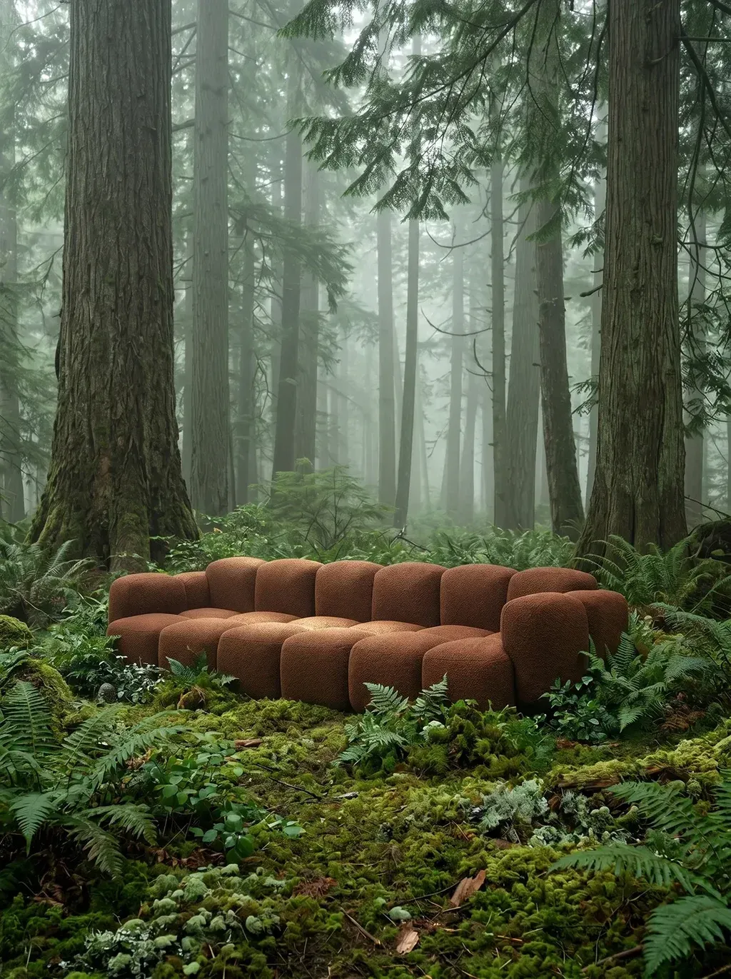 The INSERT SOFA REFERENCE sits directly on a mossy forest