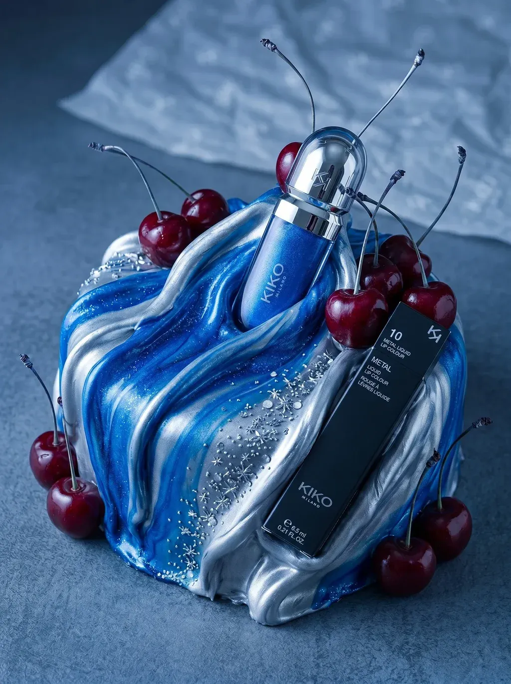 ATTACHED PRODUCT embedded into a surreal luxury cake with dramatic