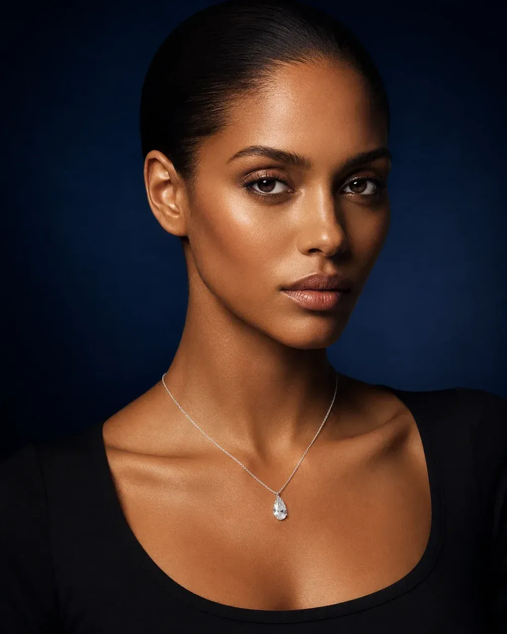 Elegant flat-lay product shot of a pear-cut diamond pendant on