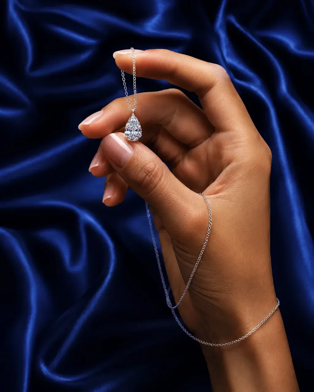 Hyper-realistic close-up of a woman's hand with neutral manicured nails