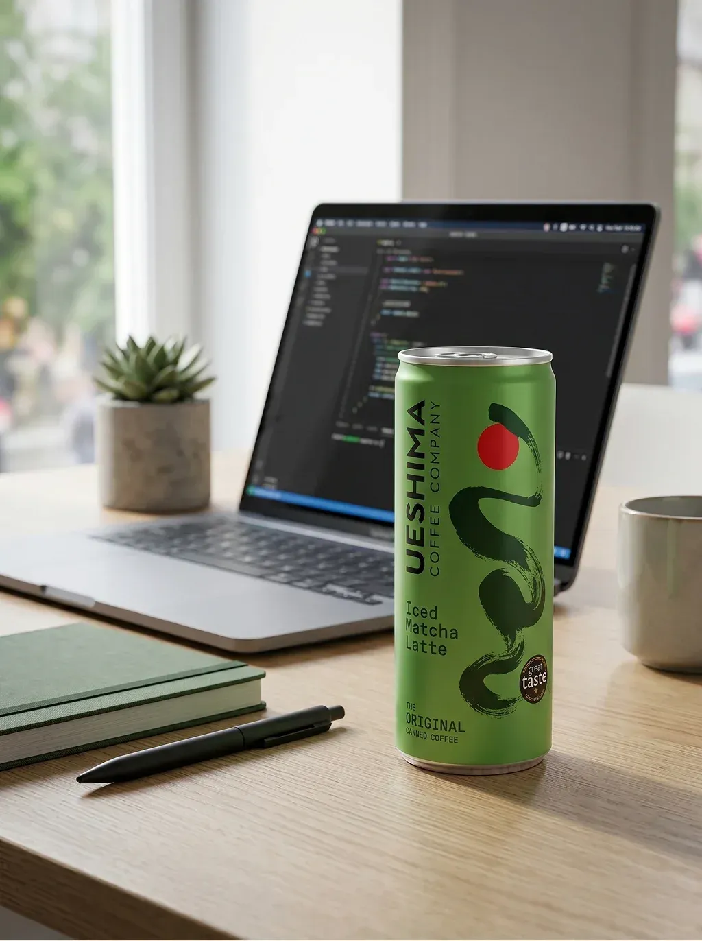 Clean desk lifestyle shot of a Ueshima Iced Matcha Latte
