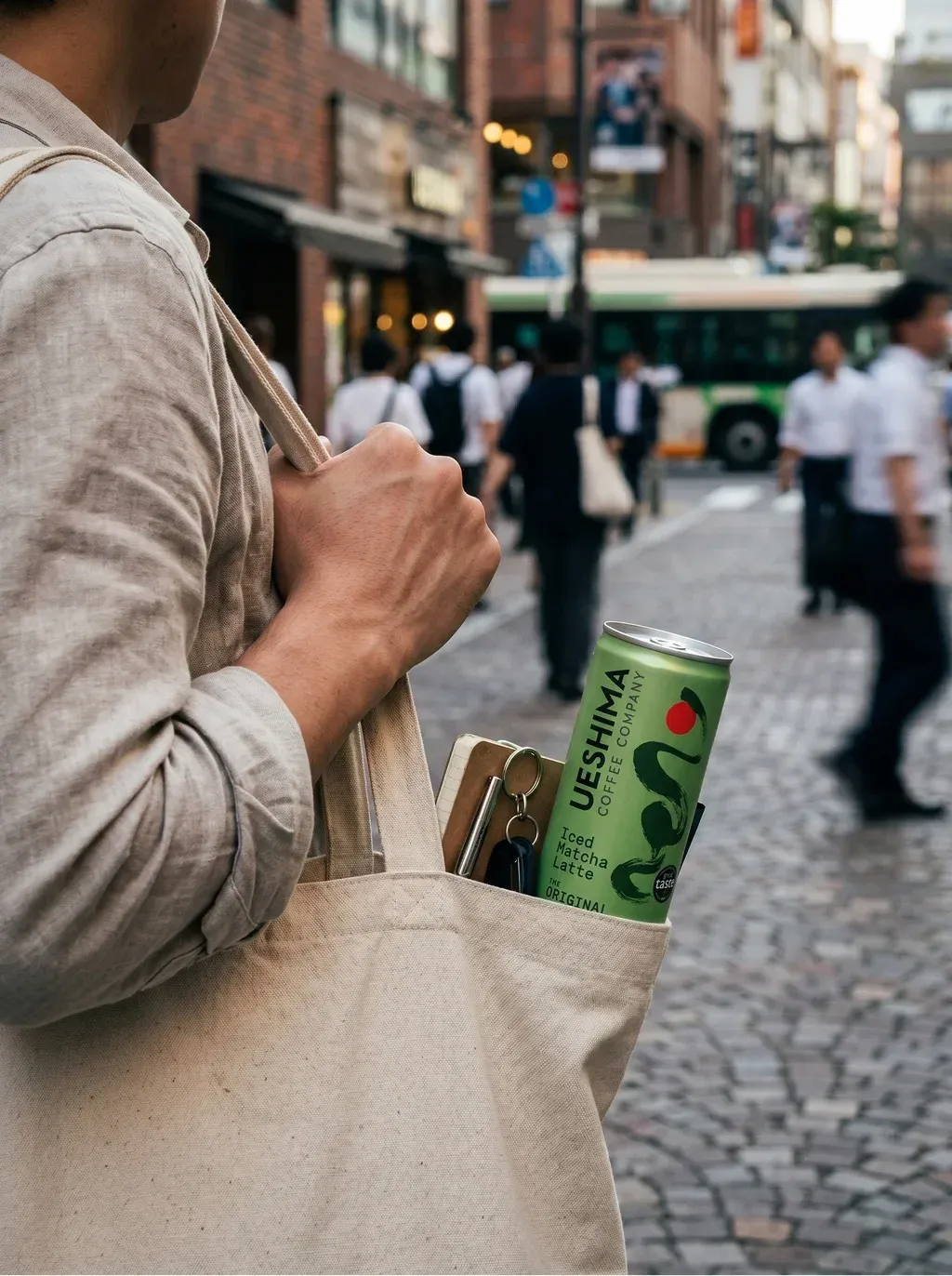 Street lifestyle shot of a person in a beige linen
