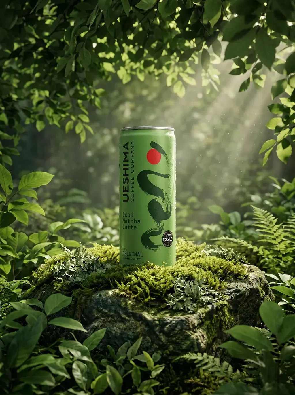 Cinematic product shot of a Ueshima Iced Matcha Latte can