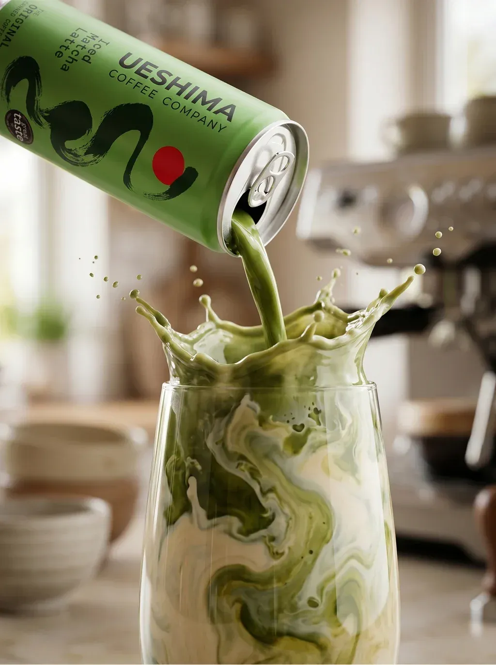 Dynamic action shot of a Ueshima Iced Matcha Latte can