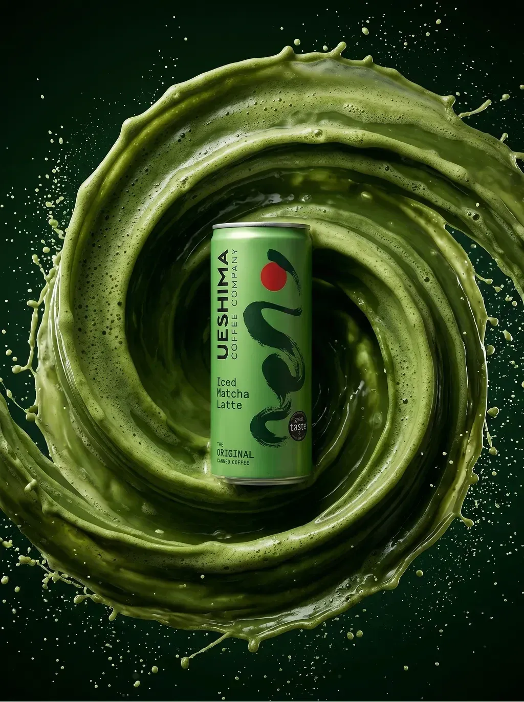 Hero product shot of a Ueshima Iced Matcha Latte can