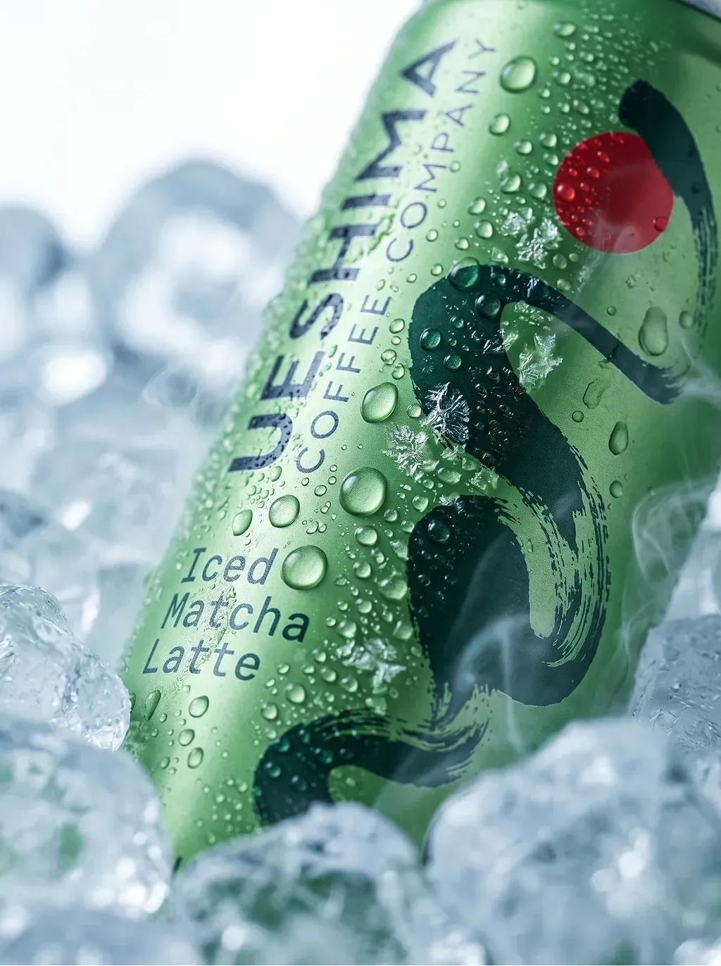 Ultra macro close-up of a Ueshima Iced Matcha Latte can