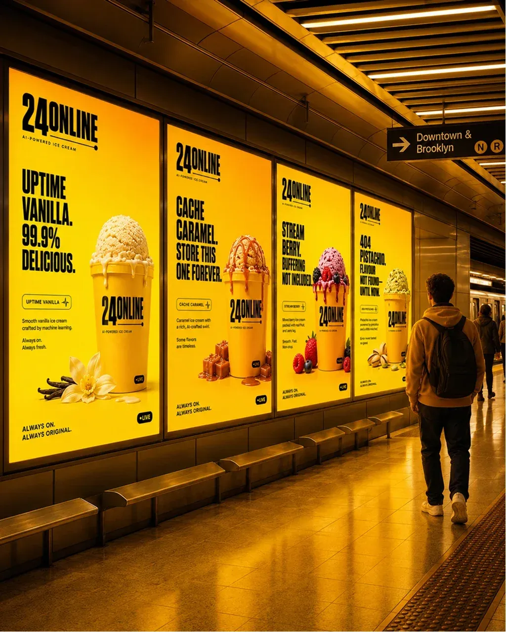 Cinematic environmental photography of a modern subway station corridor showing