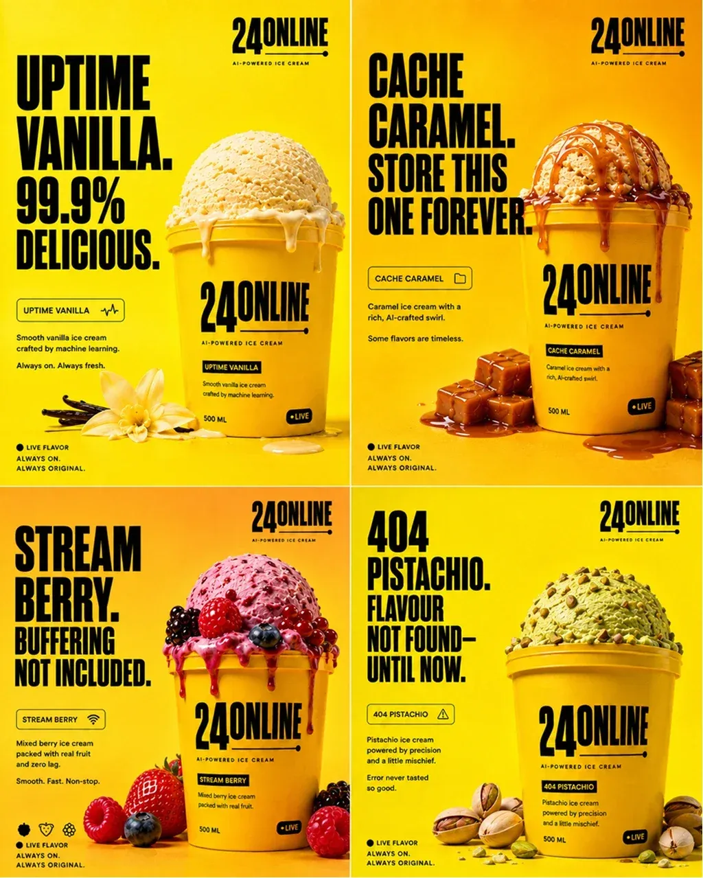 Editorial 2x2 grid layout showing four bold yellow advertising posters