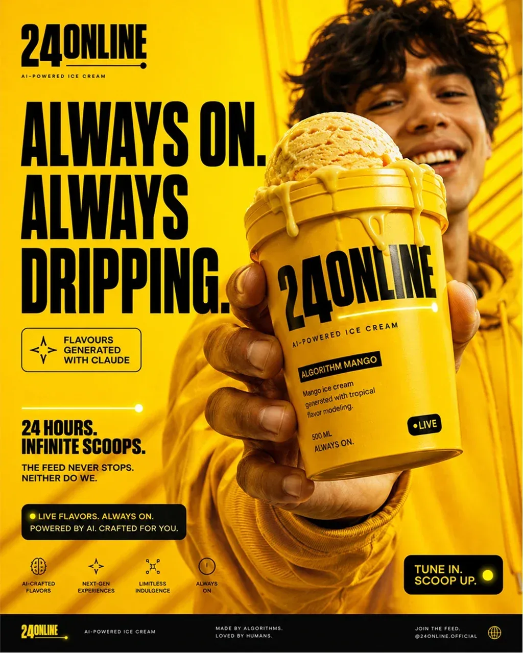 Bold high-energy advertising poster composition for a fictional AI ice