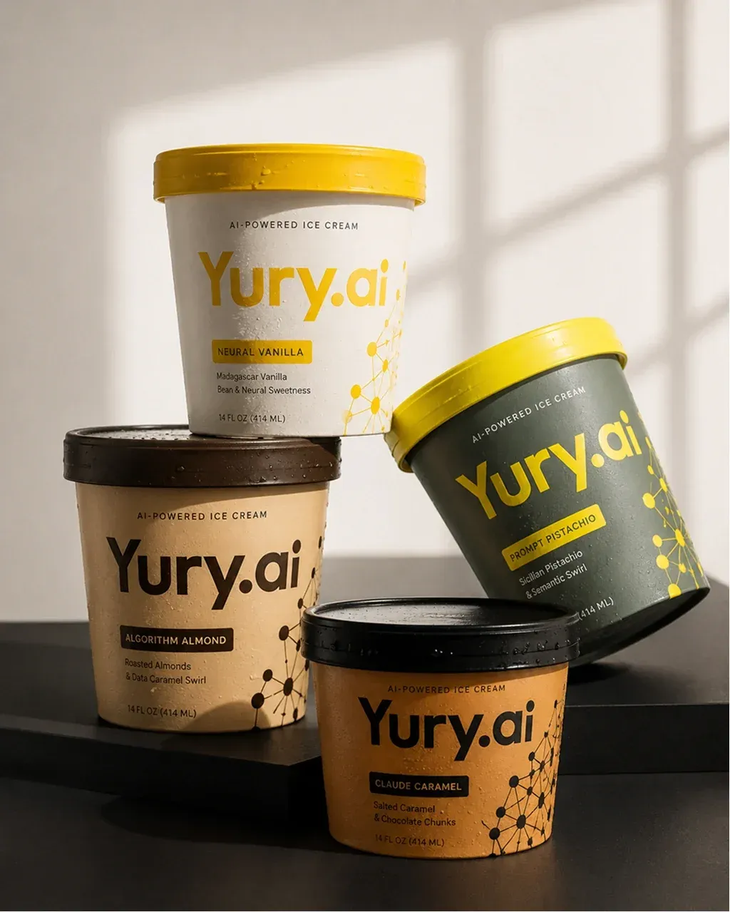 Editorial product photography of four ice cream pint tubs from