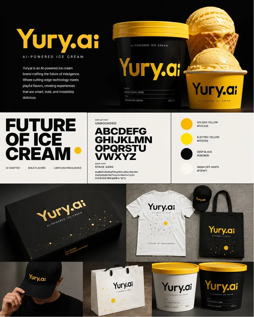 Comprehensive brand identity presentation board for a fictional AI ice