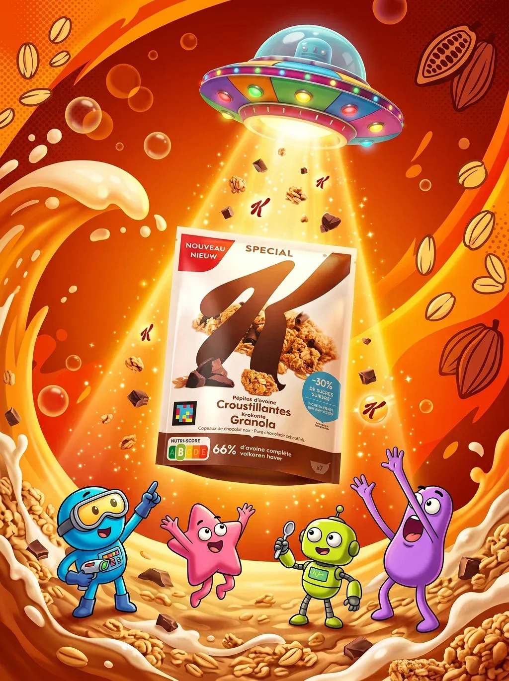 Vibrant cartoon-illustrated advertising poster with a swirling deep orange and