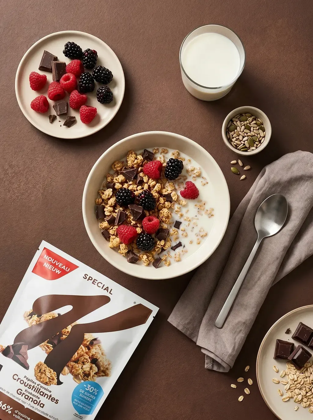 Top-down editorial food photography flat lay on a deep warm