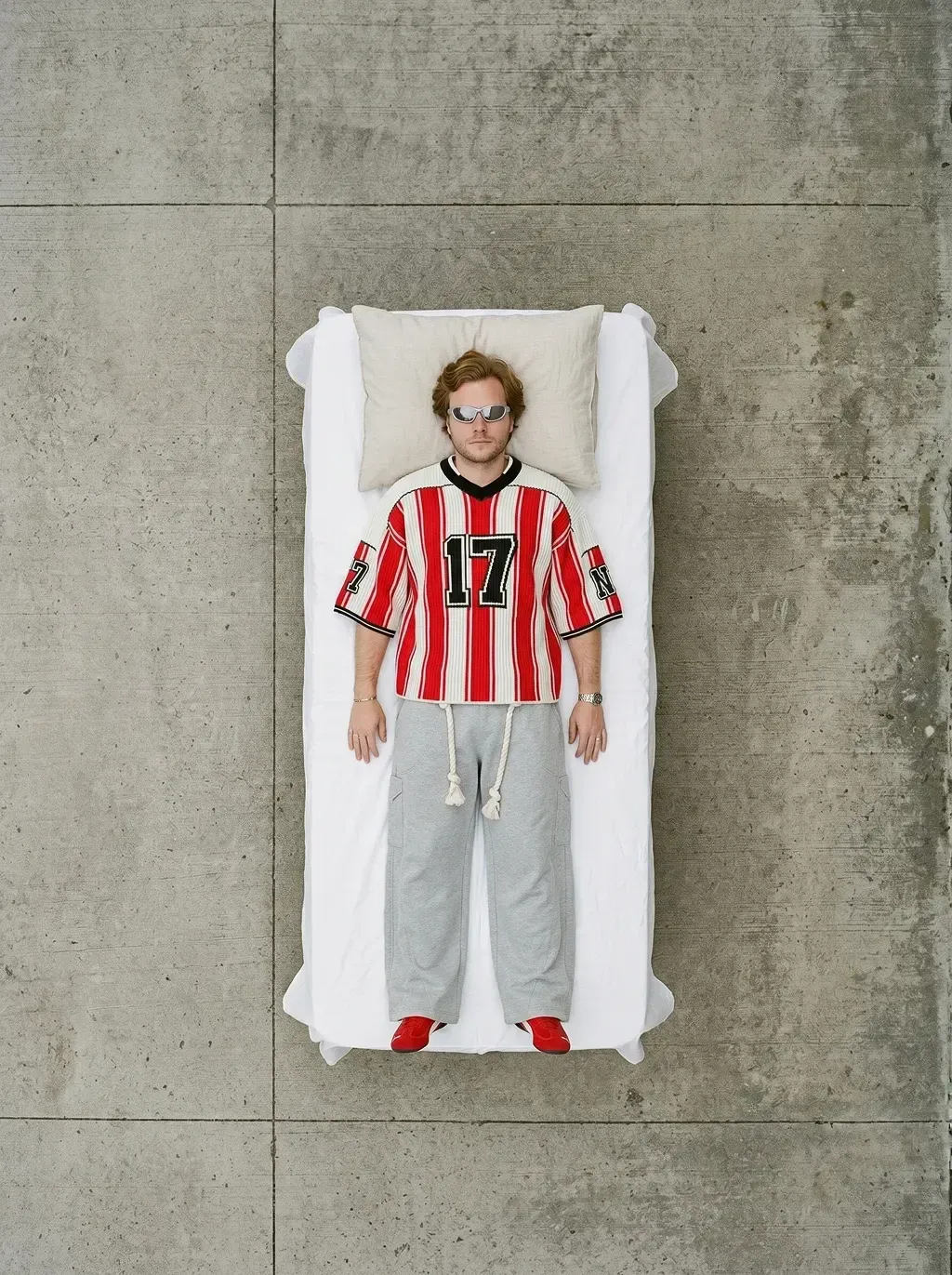 Top-down overhead surreal photography of a young man with reddish-blond
