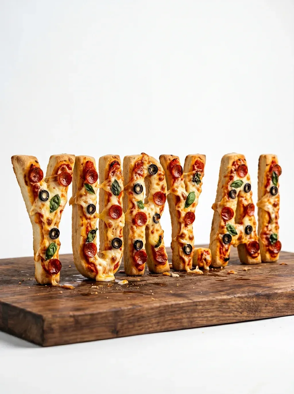 Studio product photography of pizza-shaped letters spelling INSERT TEXT standing