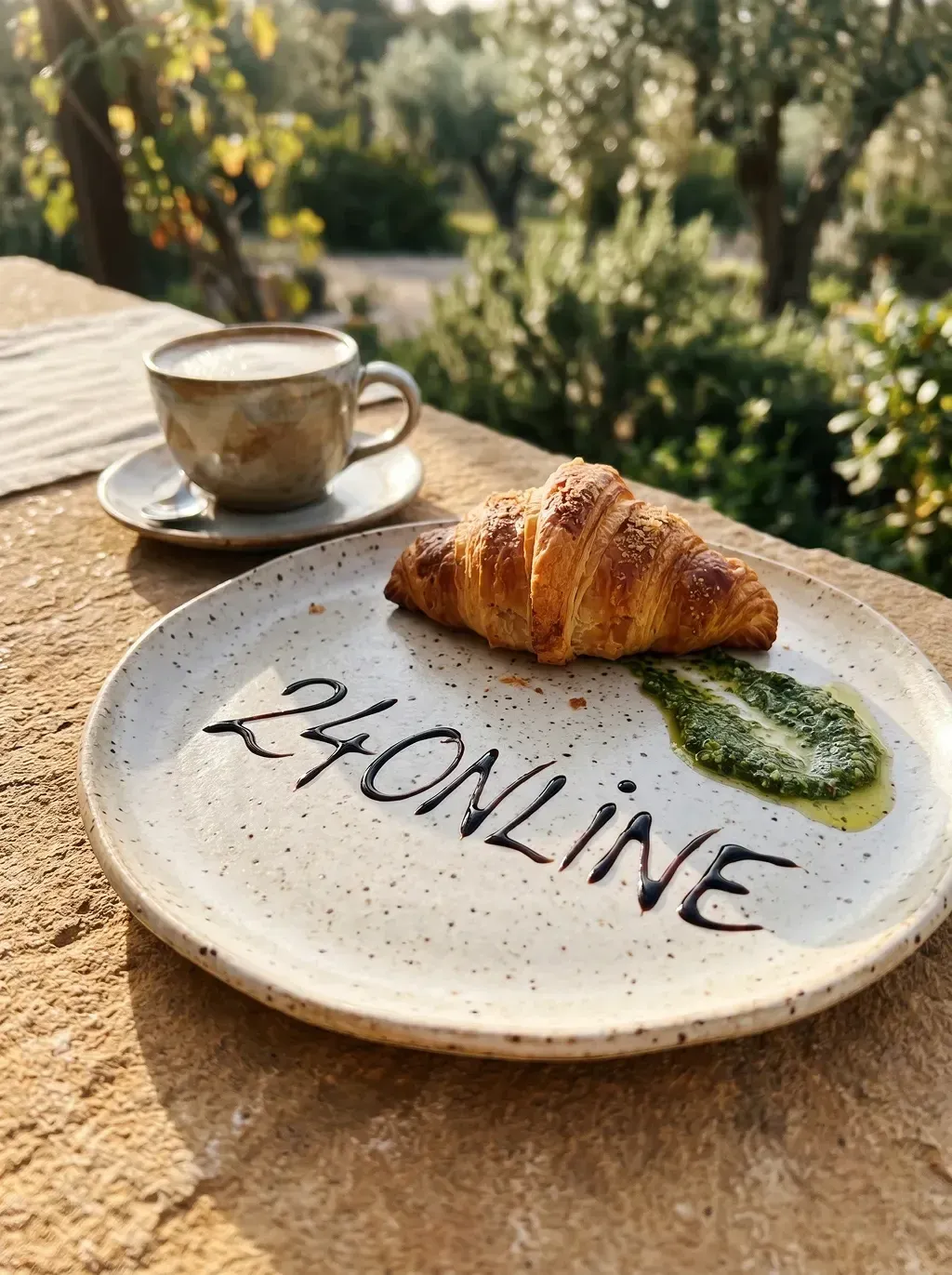 Lifestyle food photography of a flaky golden croissant resting on