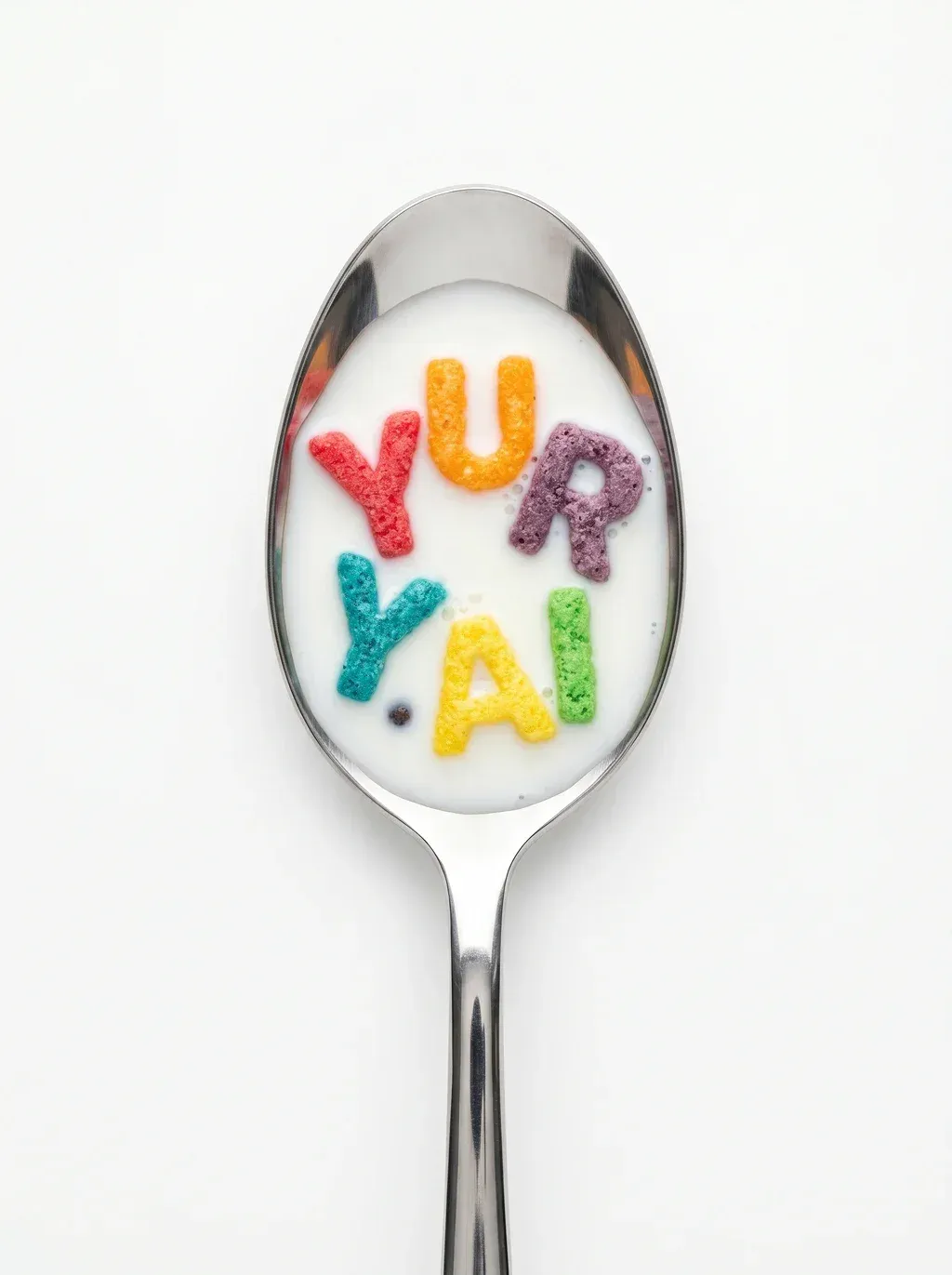 Macro overhead photography of a polished stainless steel spoon filled