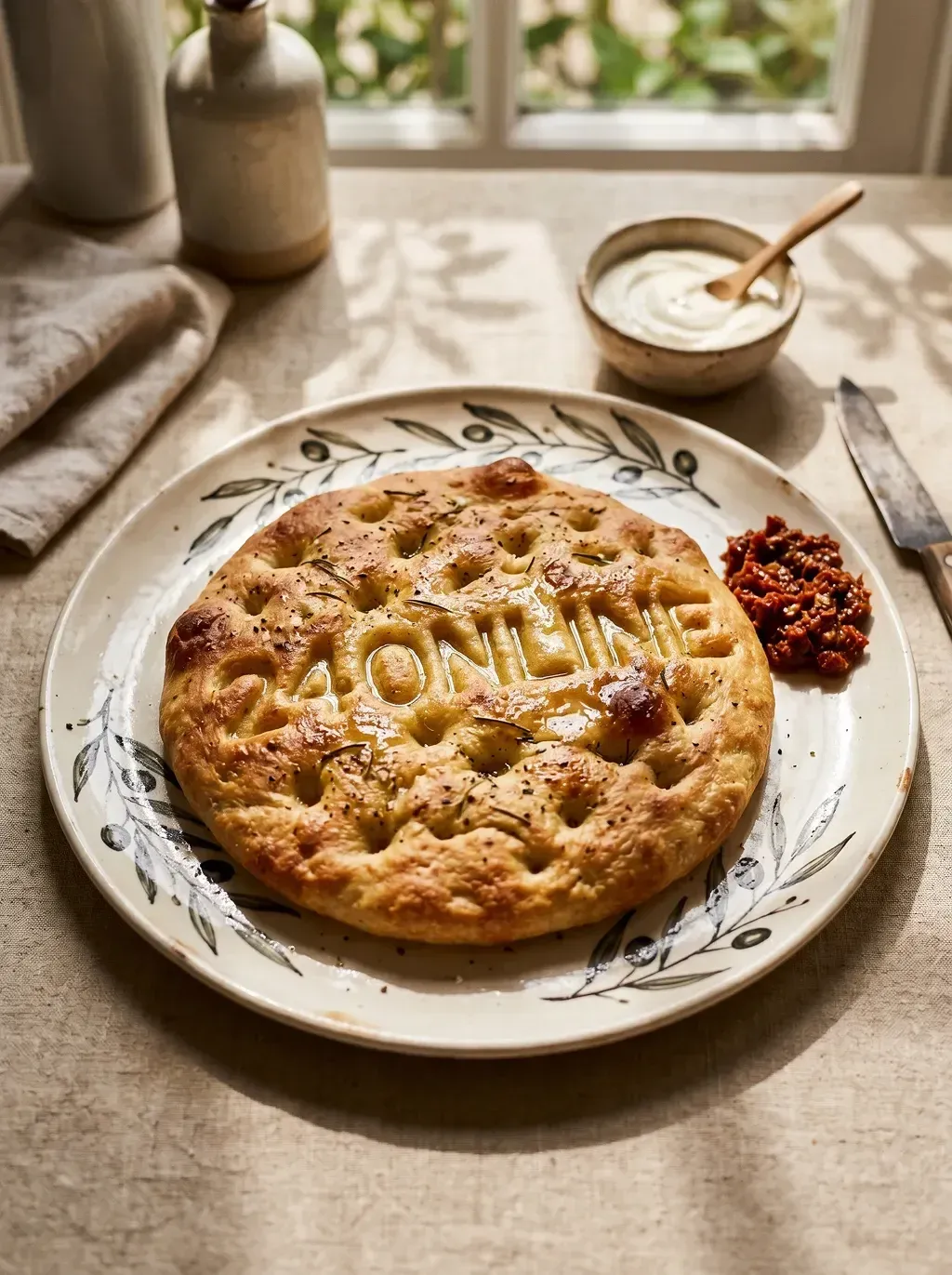Overhead-angled food photography of a rustic round focaccia with the