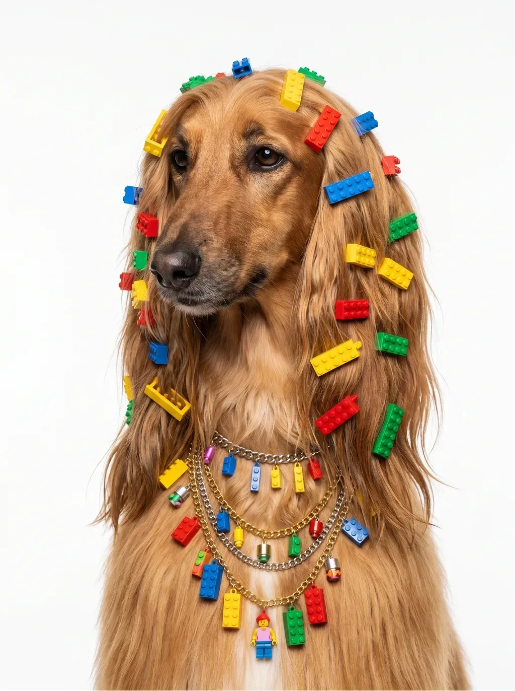 Hyper-realistic high-end editorial portrait photograph of a long-haired Afghan h…
