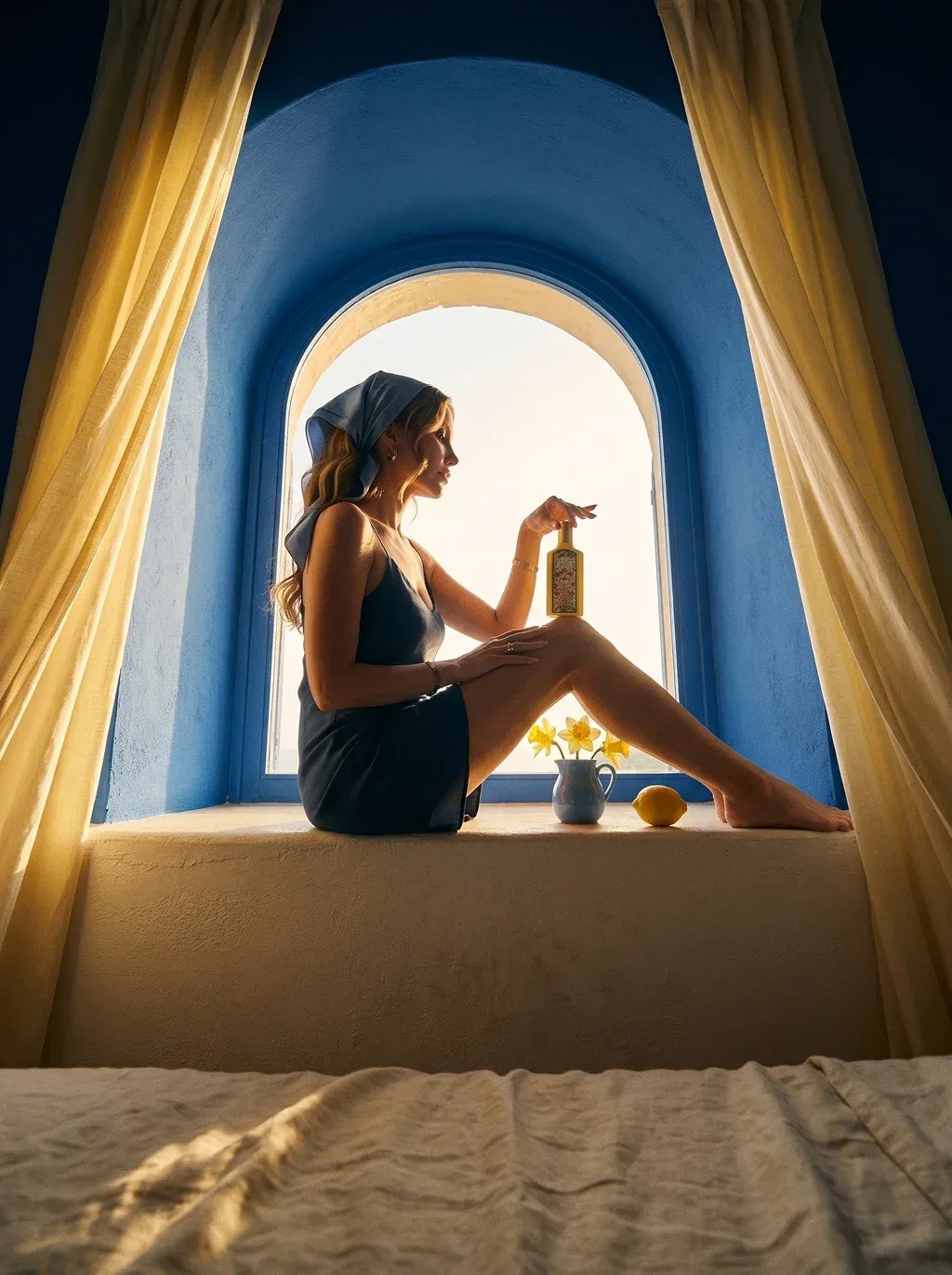 Editorial fragrance campaign photograph of a young woman with long