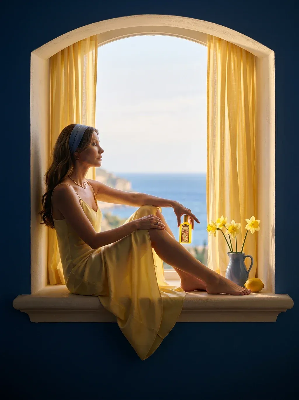 Editorial fragrance campaign photograph of a young woman with long