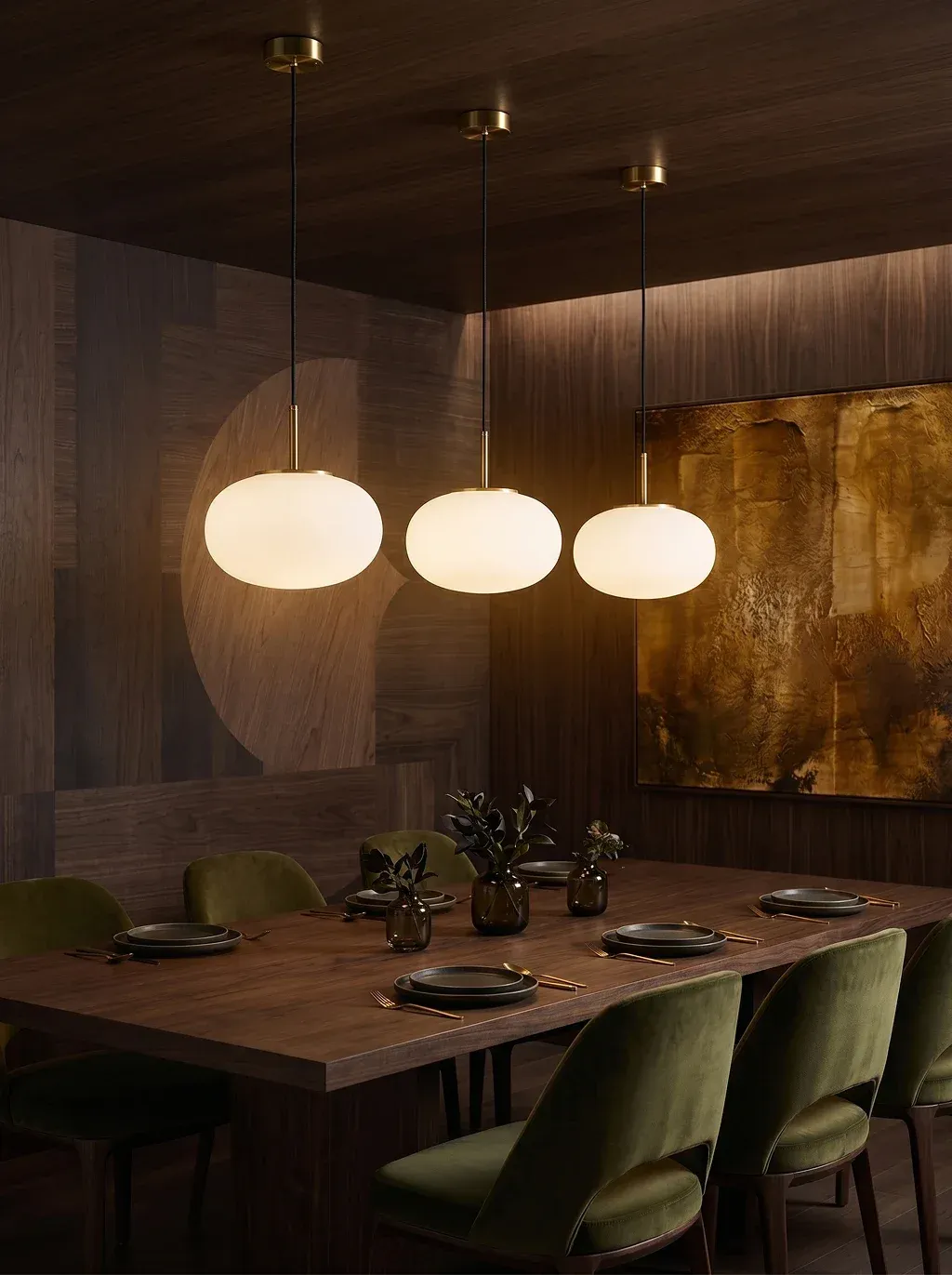 Moody editorial interior photograph of three INSERT PRODUCT REFERENCE hanging
