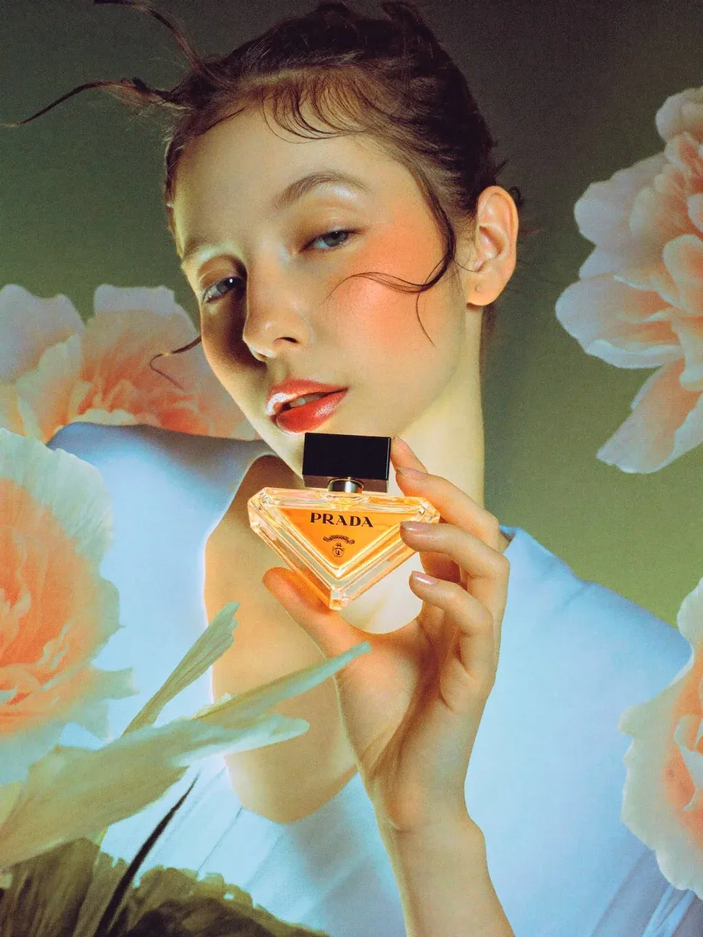 Editorial beauty campaign photograph using double exposure effect, featuring the