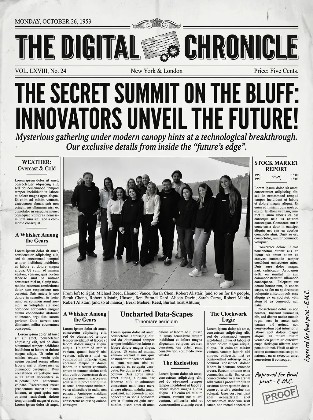 Create a hyper-realistic vintage newspaper front page design featuring the