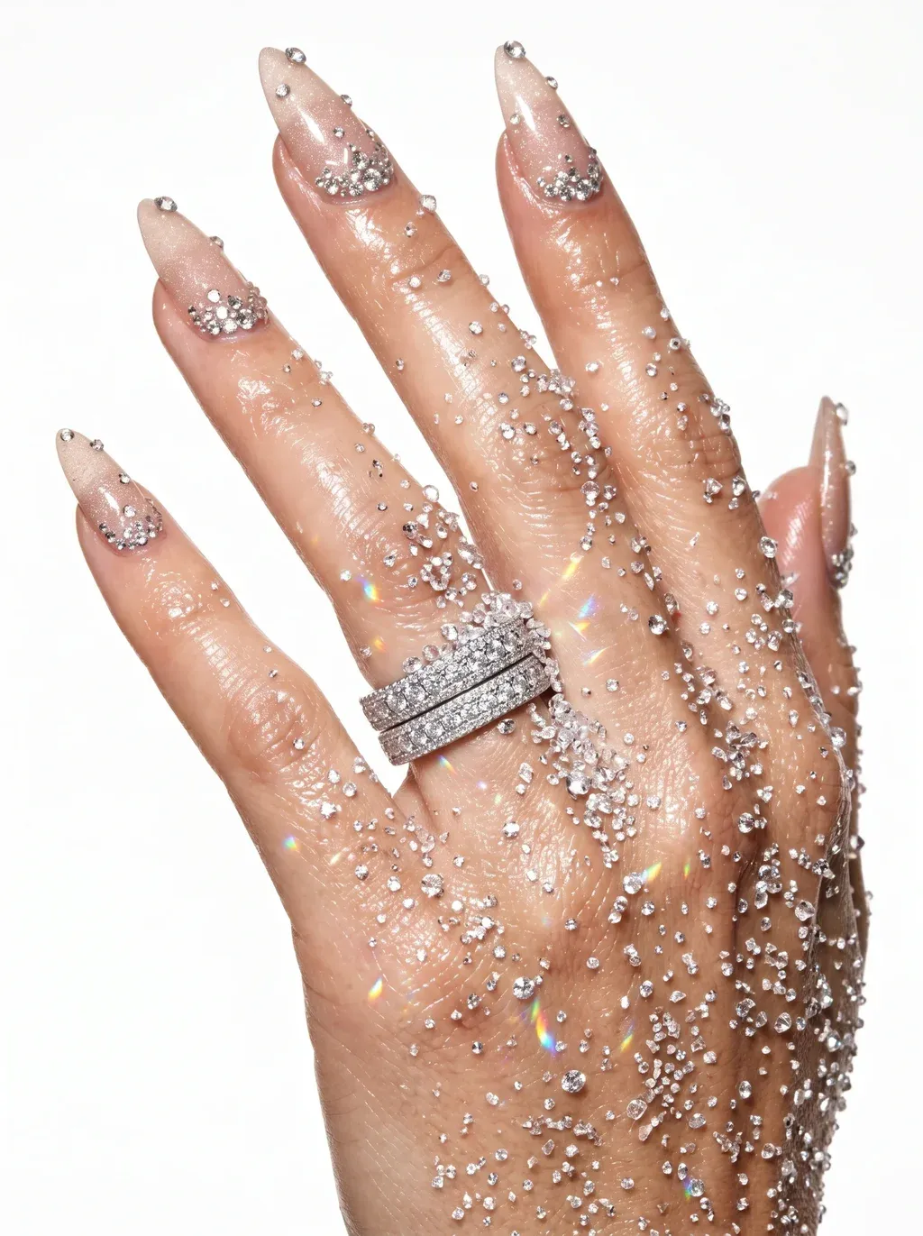A high-fashion jewelry editorial close-up photograph of a woman's hand