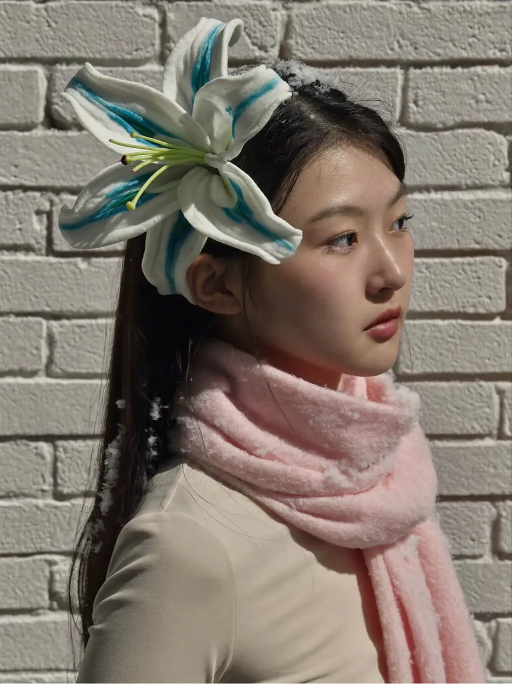 A fashion editorial side-profile portrait of a young Asian woman