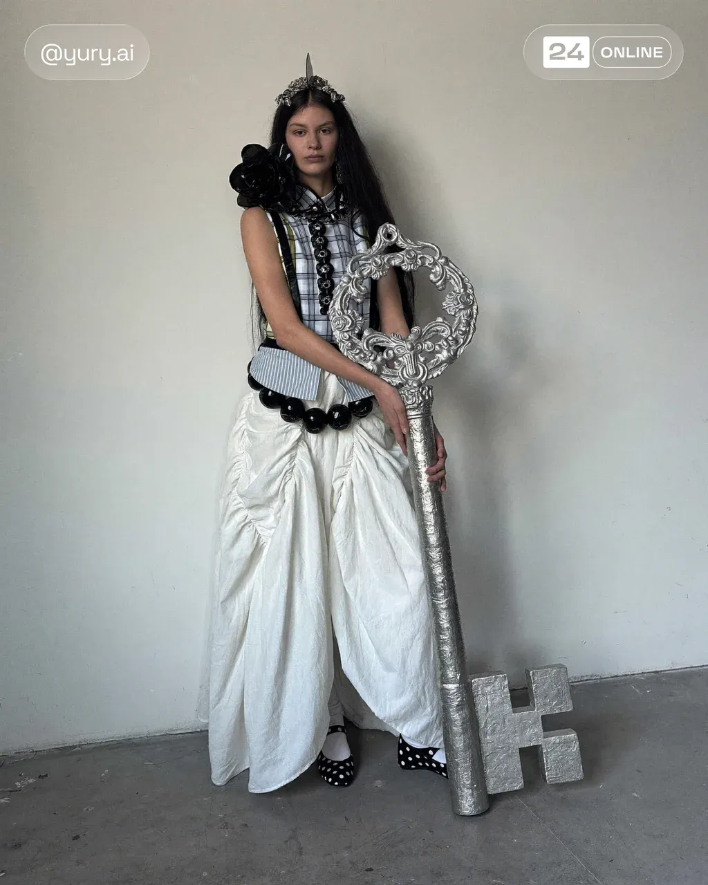 A fashion editorial full-body photograph of a tall woman with