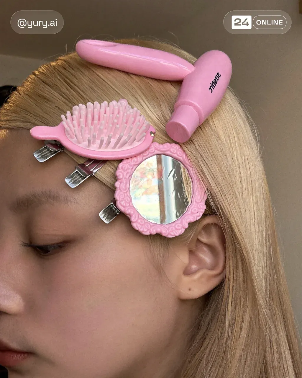A close-up fashion editorial photograph of a blonde woman's face