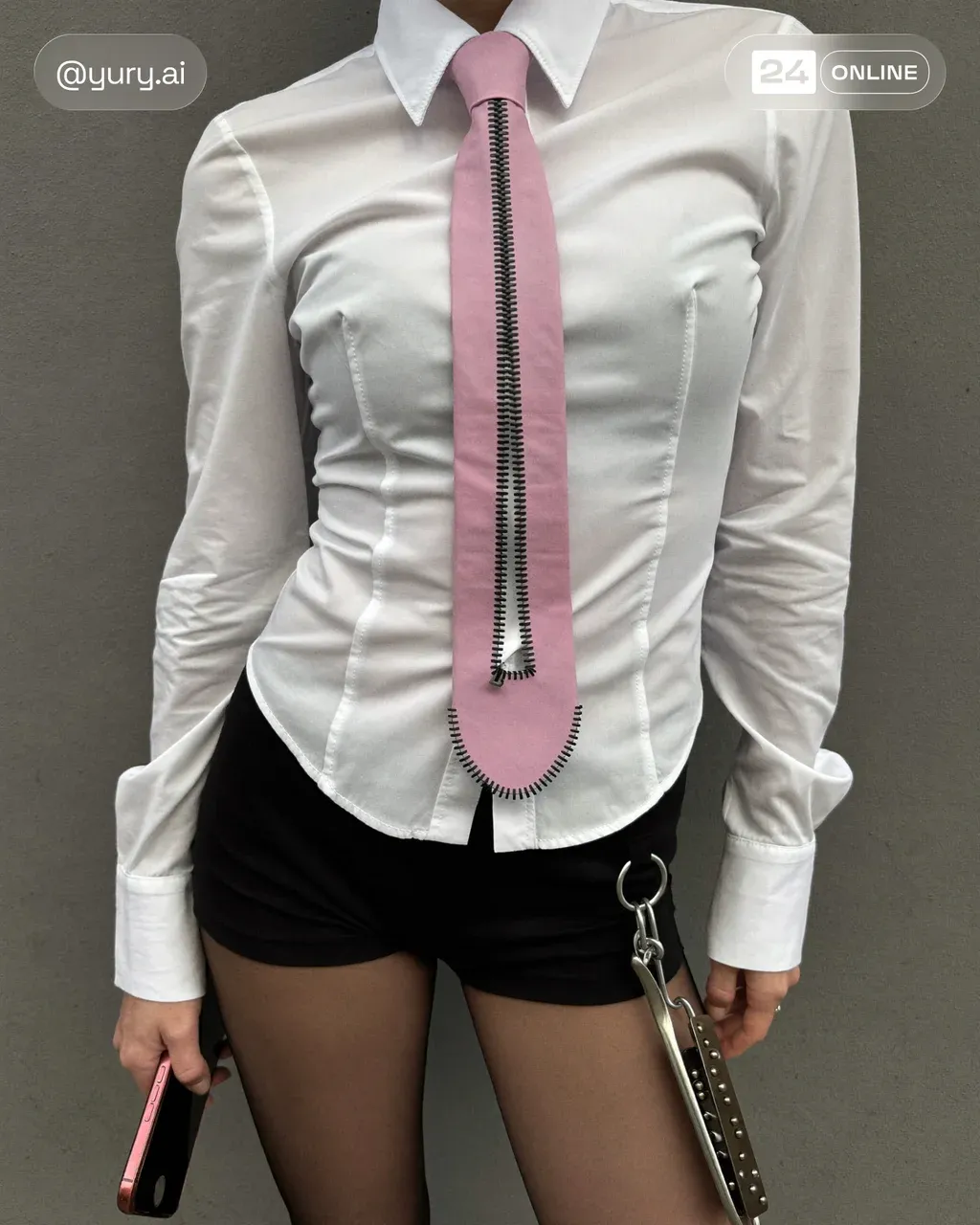 A fashion editorial photograph of a woman's torso wearing a