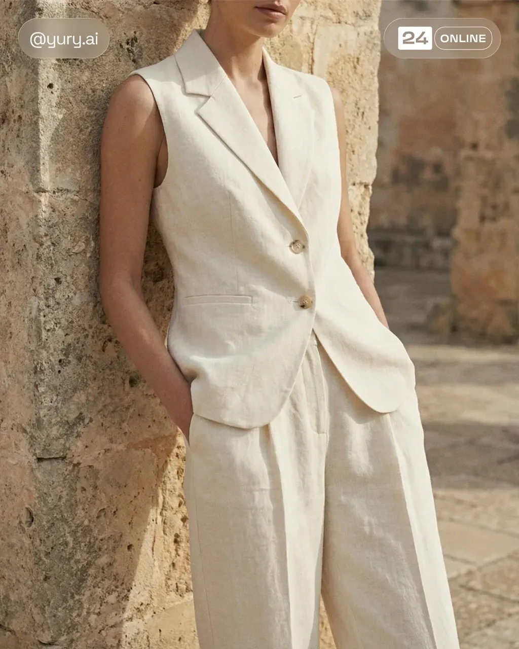 Mid-body fashion detail shot of a female model wearing ivory
