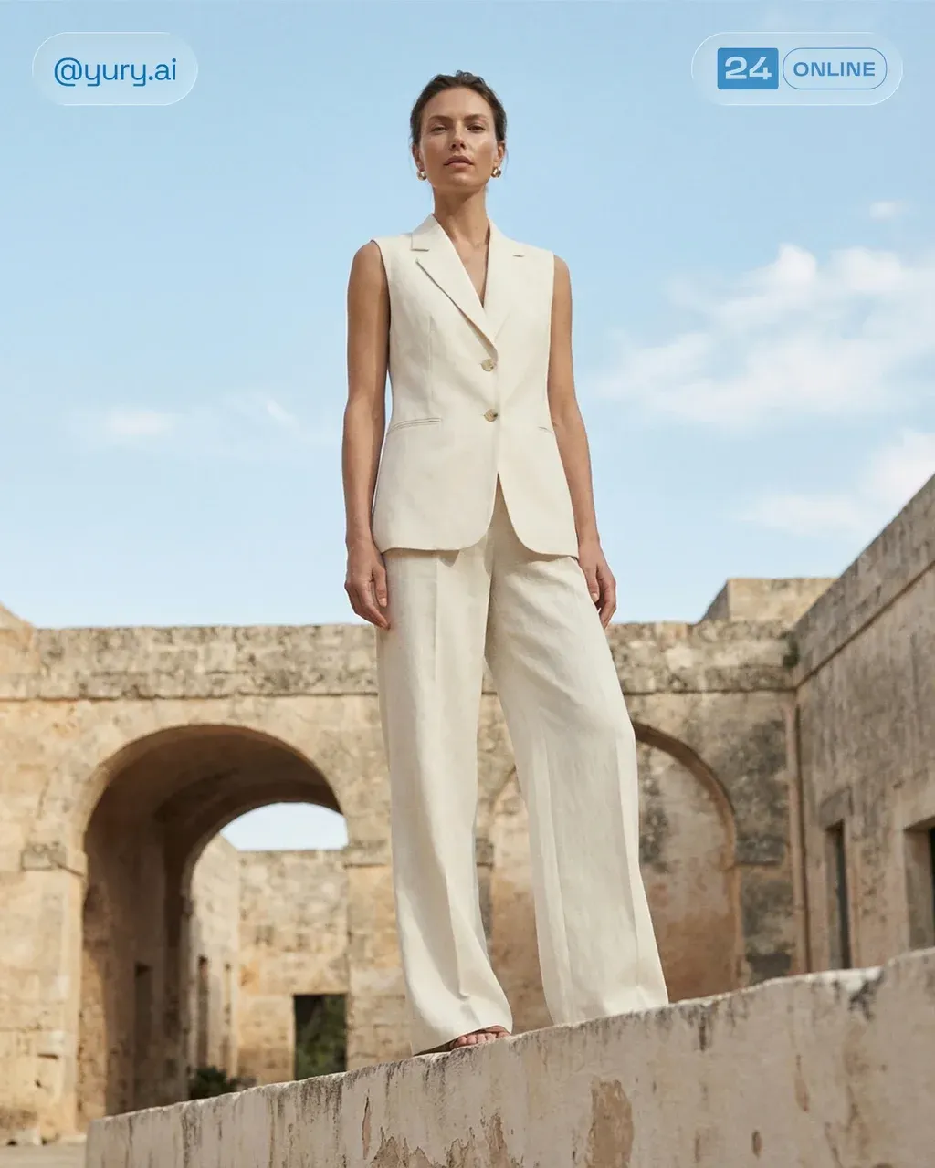 Low angle full body fashion photo of a tall female