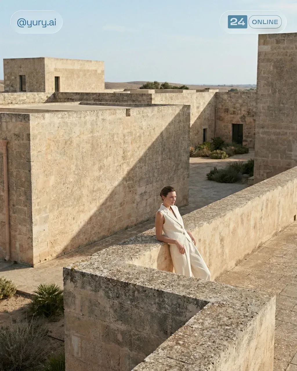 Wide editorial fashion photograph, female model in ivory linen suit