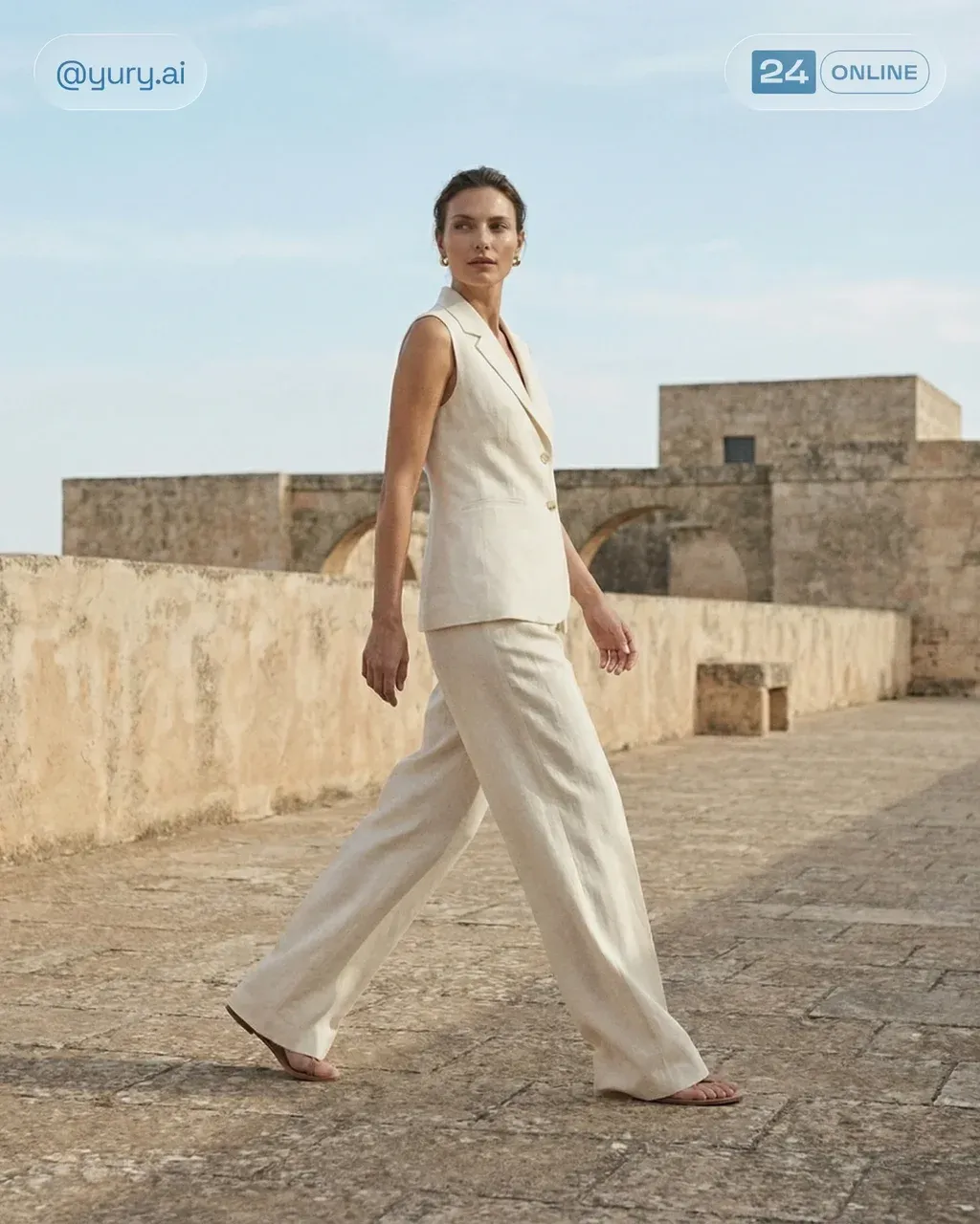 Fashion editorial action shot of a female model walking confidently