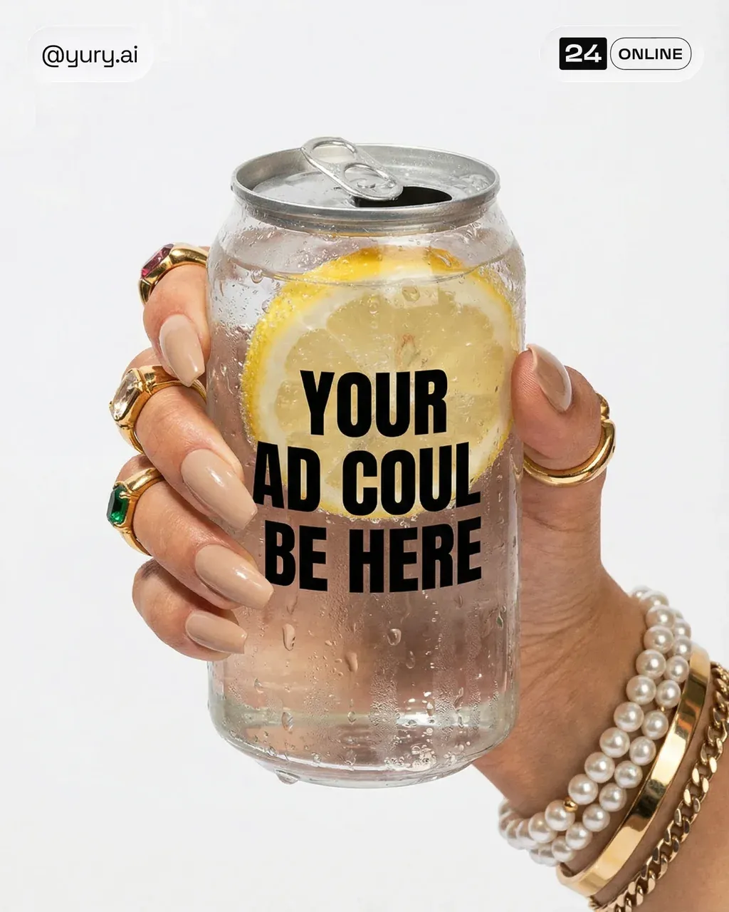 A woman's hand holding a clear sparkling water can with