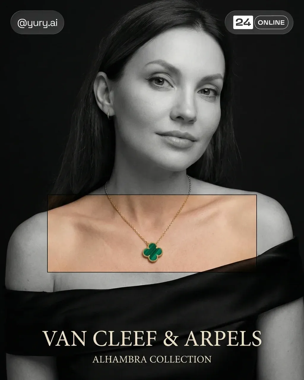 Hyper-realistic luxury jewelry editorial portrait of a woman wearing a