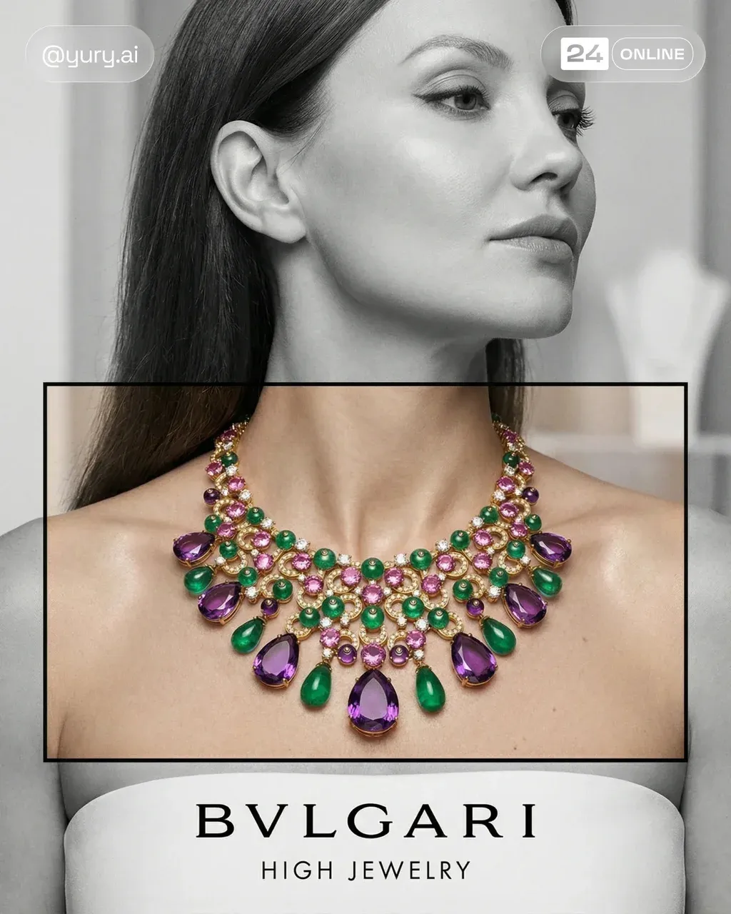 Hyper-realistic luxury high jewelry editorial portrait of a woman wearing