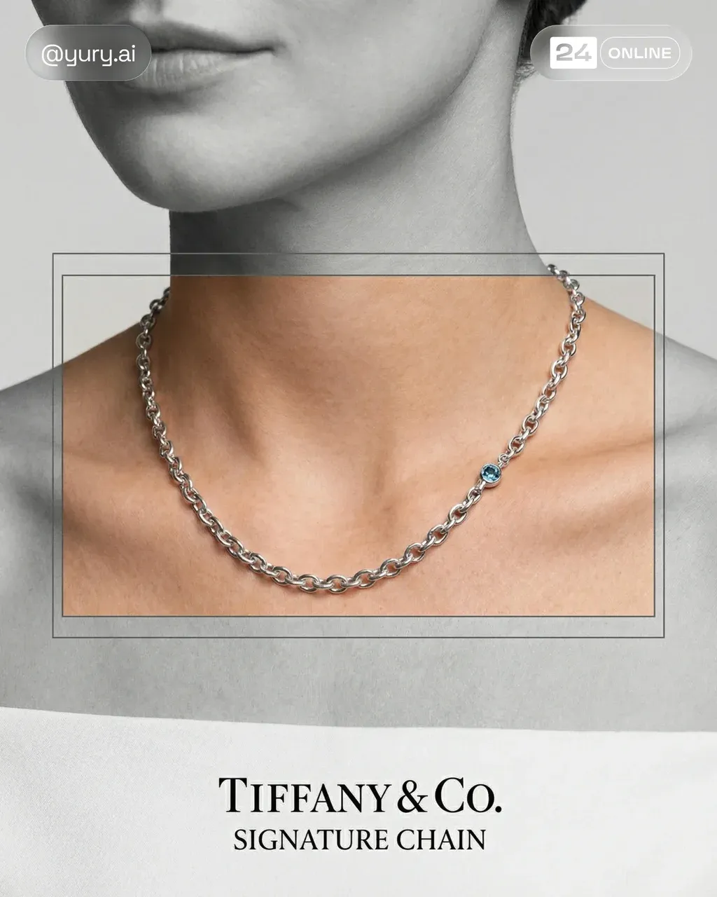 Hyper-realistic luxury jewelry editorial portrait of a woman wearing a