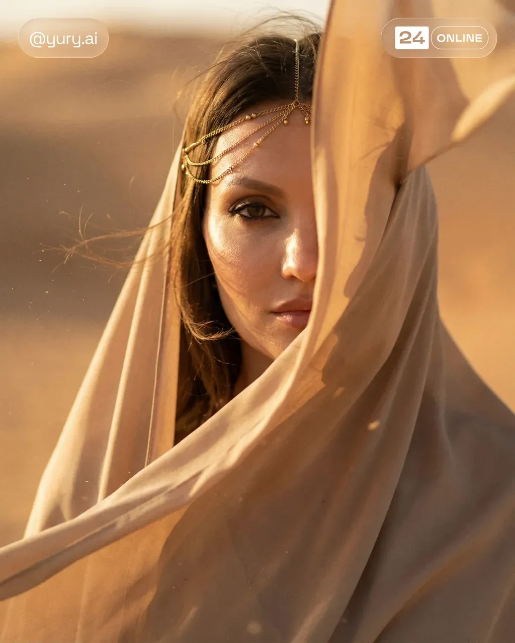 Hyper-realistic cinematic editorial portrait photography of a woman with dark