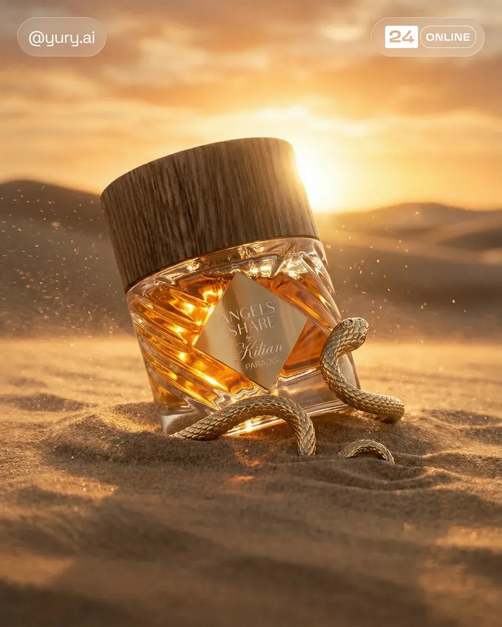 Hyper-realistic cinematic luxury product photography of a faceted glass perfume