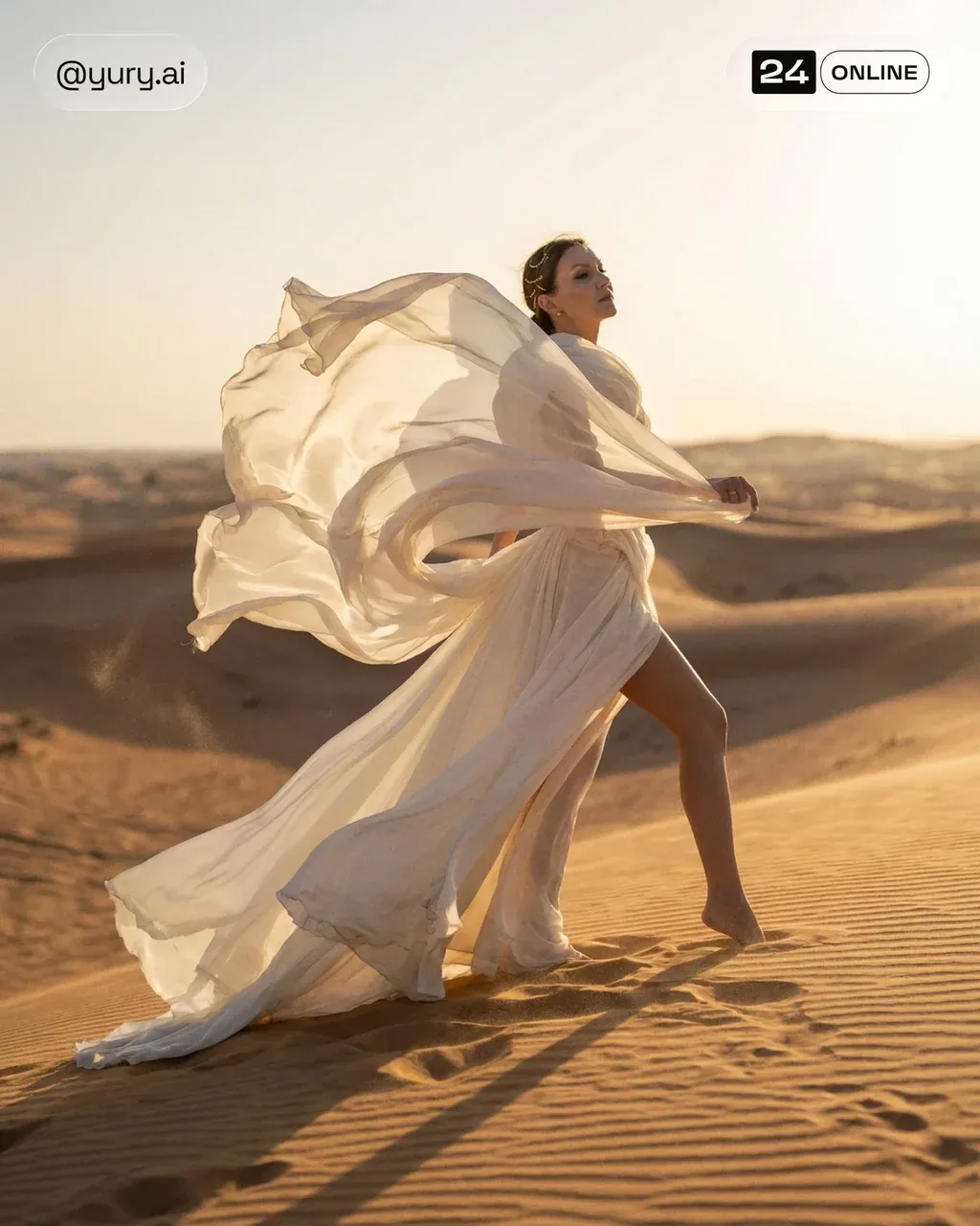 Hyper-realistic cinematic editorial fashion photography of a woman in a