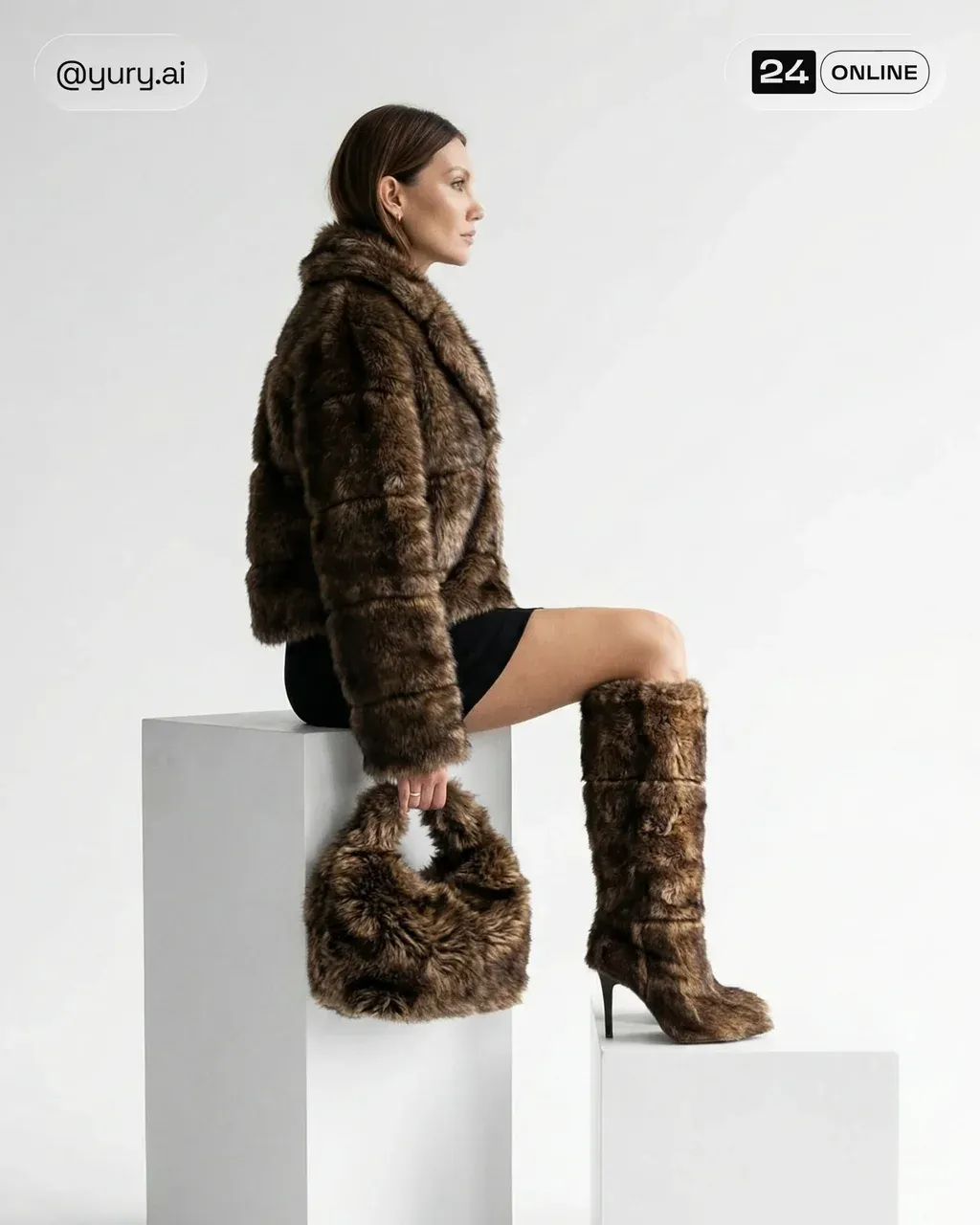 Hyper-realistic editorial fashion photo of a brunette woman in a