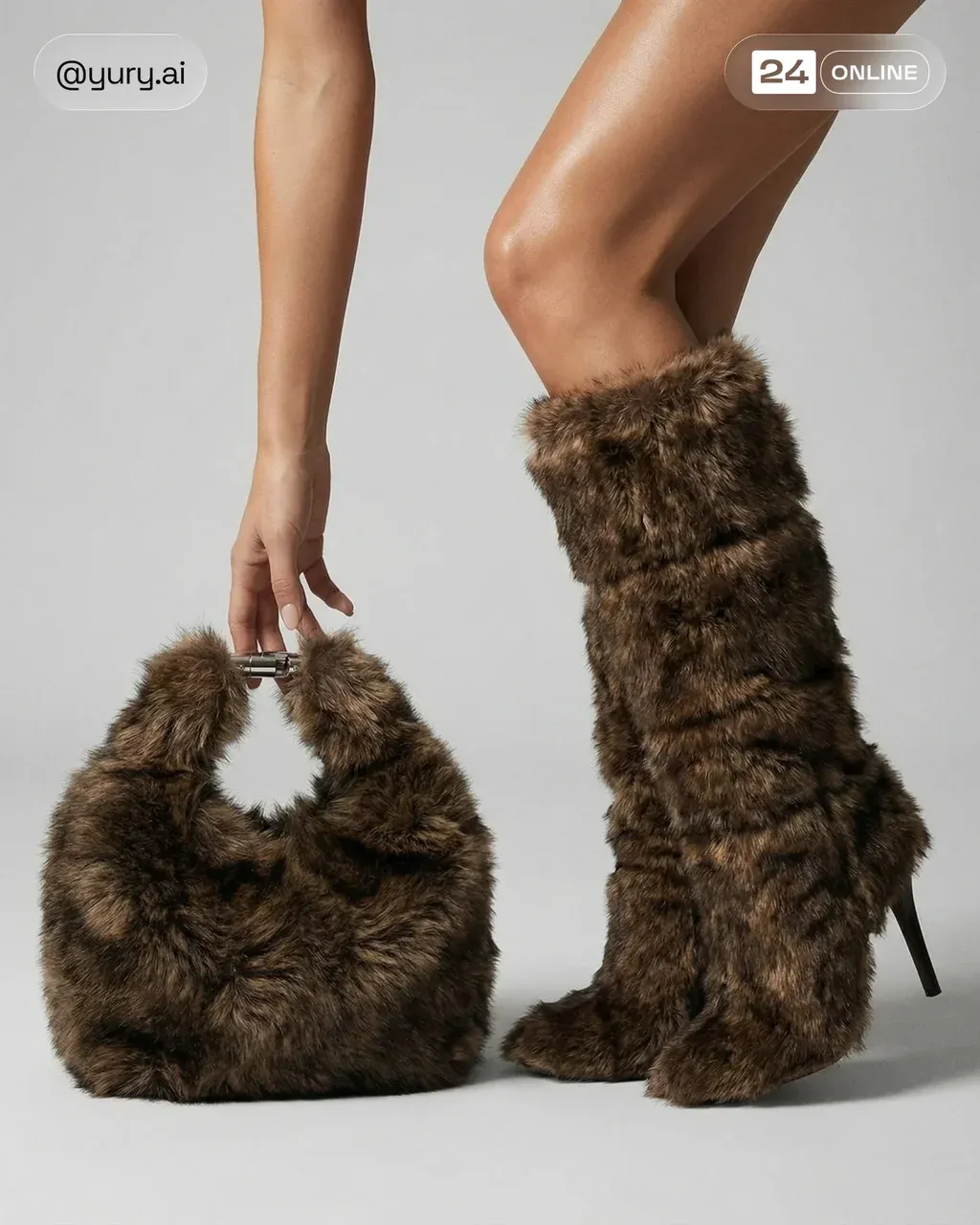 Hyper-realistic product fashion photo of a brown faux fur handbag