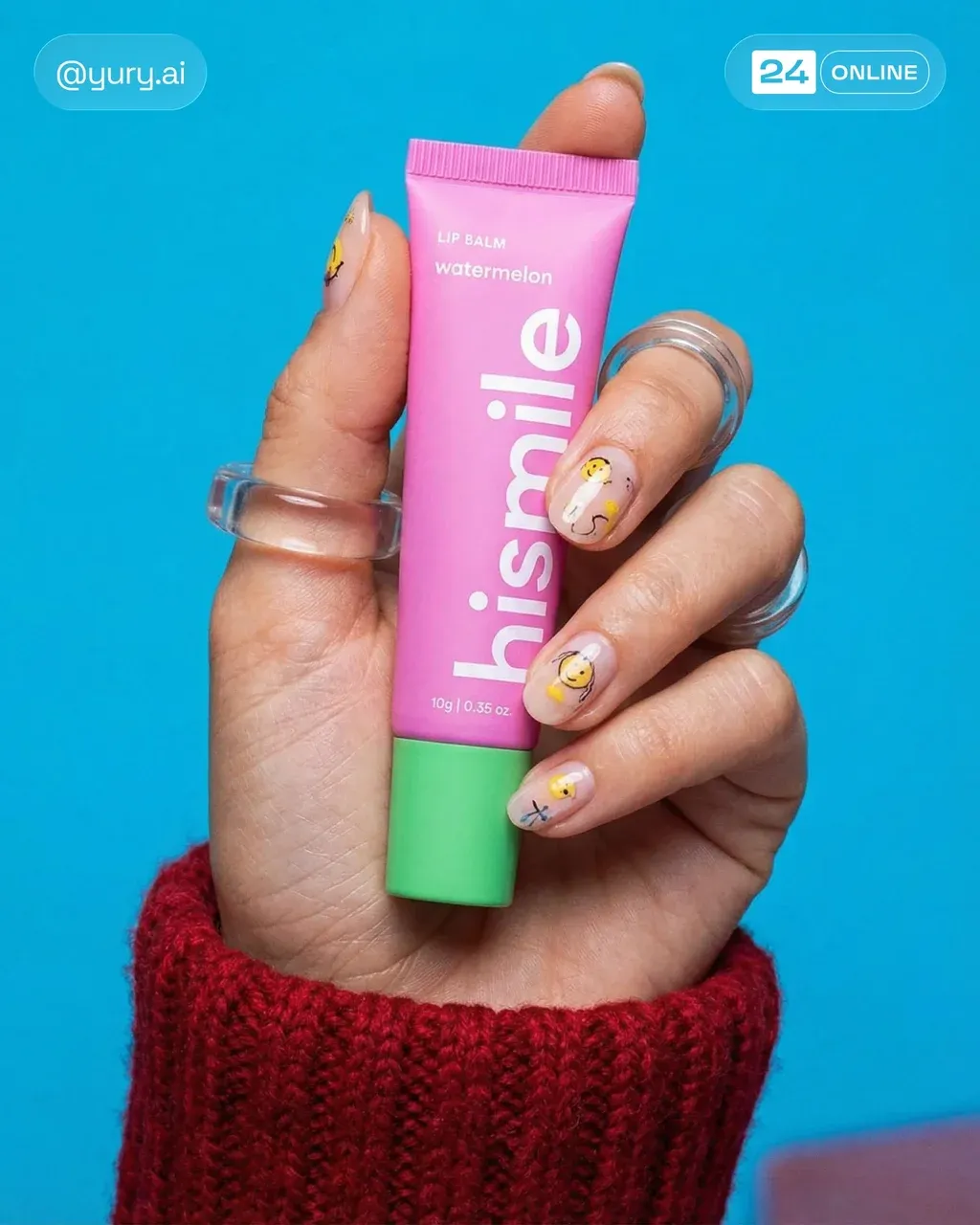 Hyper-realistic beauty product photo of a woman's hand wearing a