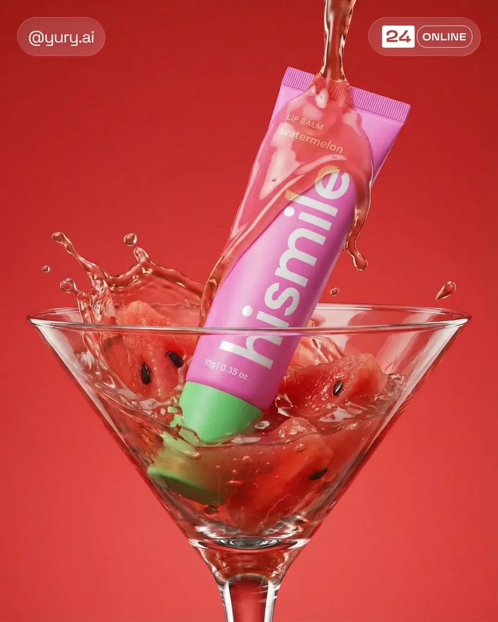 Hyper-realistic surreal beauty product photo of a Hismile Watermelon Lip
