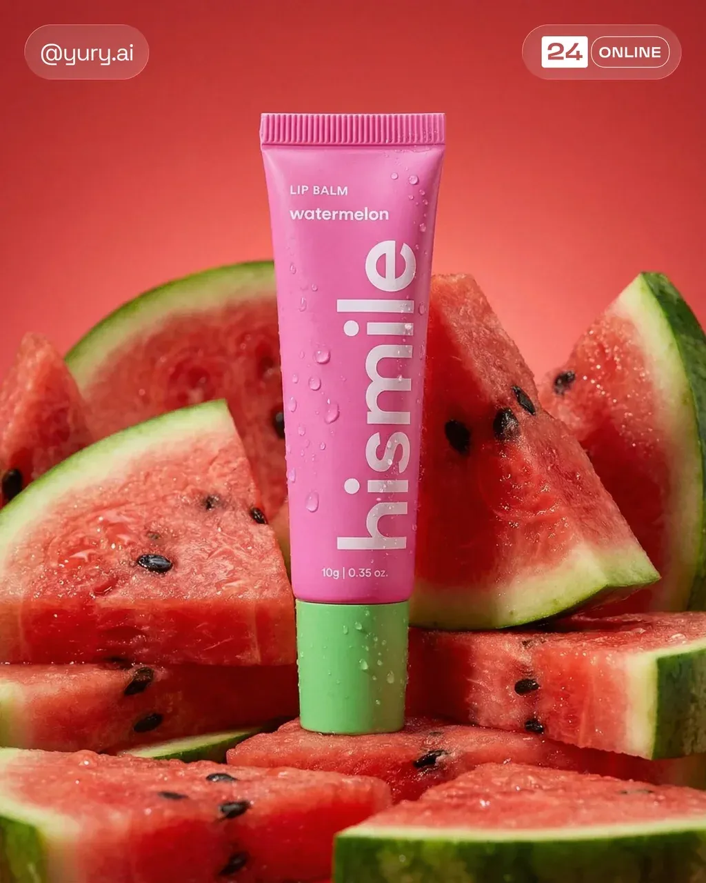 Hyper-realistic beauty product still life photo of a Hismile Watermelon